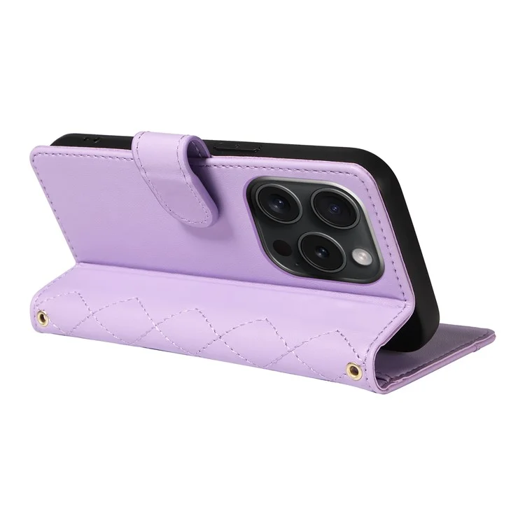 For iPhone 15 Pro Case Checkered Texture Leather Phone Cover with Crossbody Strap - Light Purple
