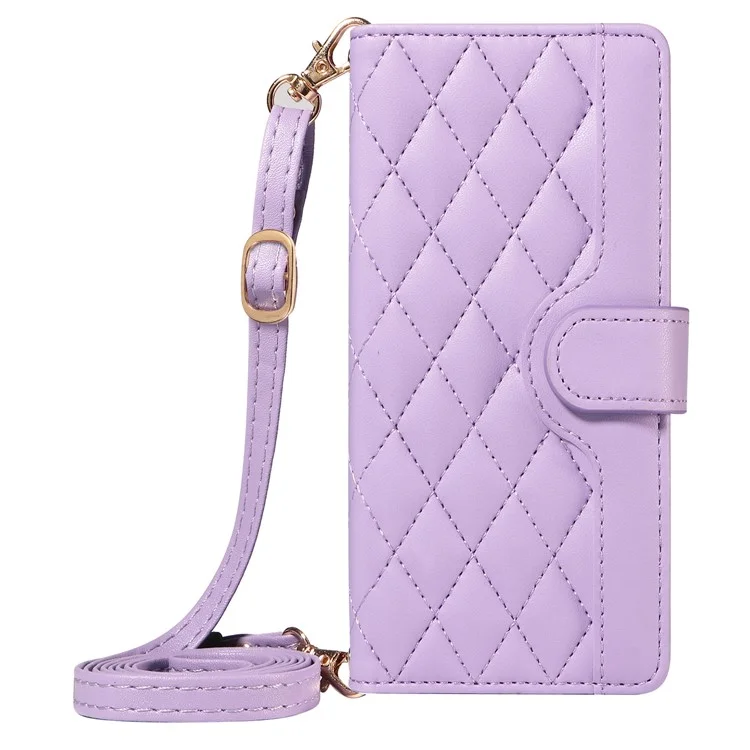 For iPhone 15 Pro Case Checkered Texture Leather Phone Cover with Crossbody Strap - Light Purple