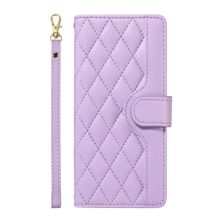 For iPhone 15 Pro Case Checkered Texture Leather Phone Cover with Crossbody Strap - Light Purple