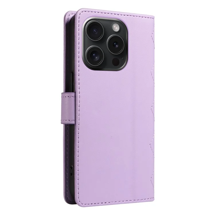 For iPhone 15 Pro Case Checkered Texture Leather Phone Cover with Crossbody Strap - Light Purple