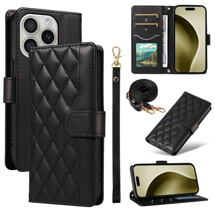 For iPhone 16 Pro Crossbody Case Rhombus Flip Leather Handbag Phone Cover - Black