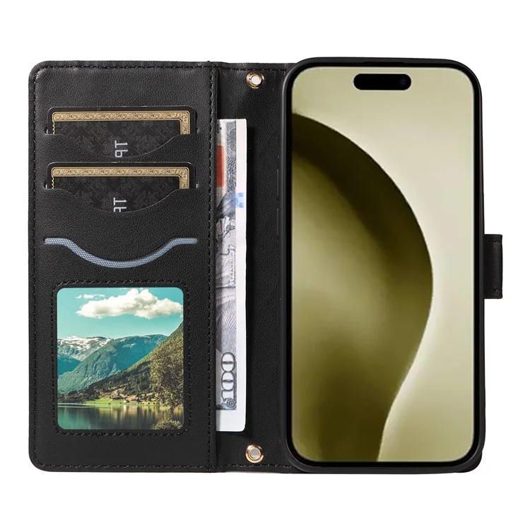 For iPhone 16 Pro Crossbody Case Rhombus Flip Leather Handbag Phone Cover - Black