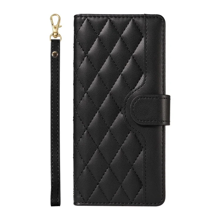 For iPhone 16 Pro Crossbody Case Rhombus Flip Leather Handbag Phone Cover - Black