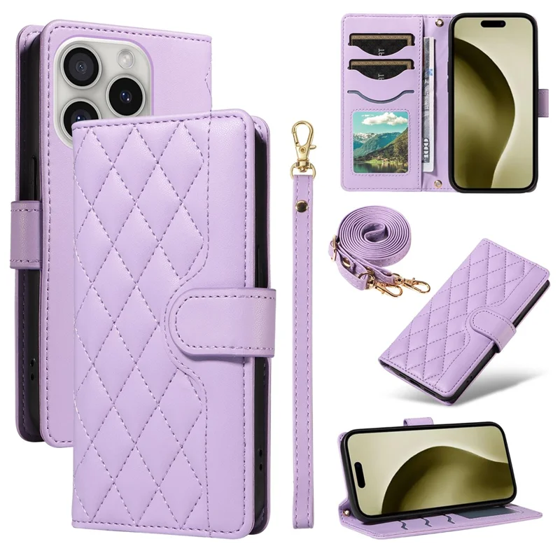 For iPhone 16 Pro Max Case Leather Rhombus Checkered Phone Cover with Detachable Lanyard Straps - Light Purple