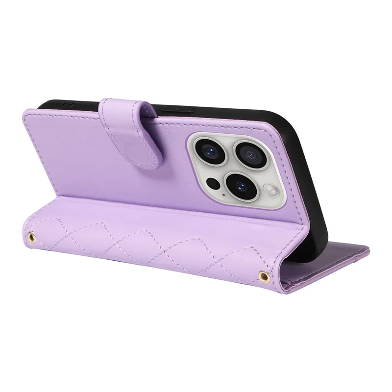 For iPhone 16 Pro Max Case Leather Rhombus Checkered Phone Cover with Detachable Lanyard Straps - Light Purple