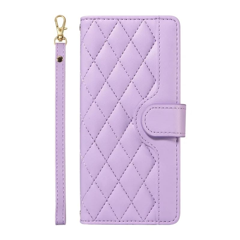 For iPhone 16 Pro Max Case Leather Rhombus Checkered Phone Cover with Detachable Lanyard Straps - Light Purple