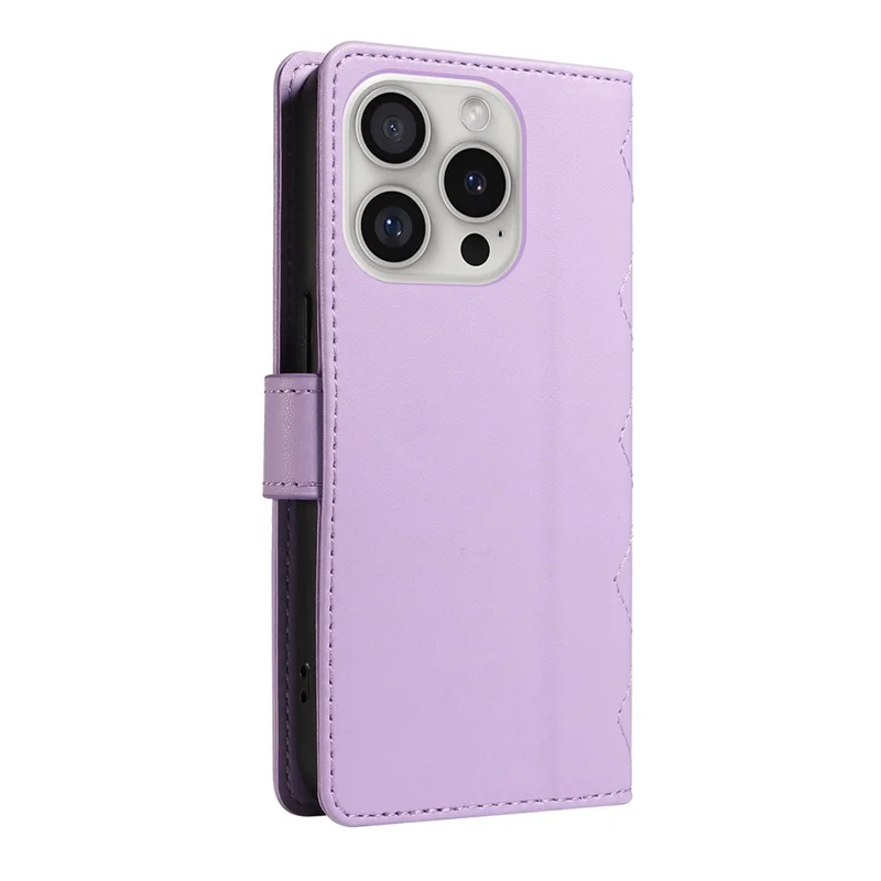 For iPhone 16 Pro Max Case Leather Rhombus Checkered Phone Cover with Detachable Lanyard Straps - Light Purple