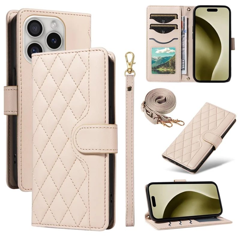 For iPhone 16 Pro Max Case Leather Rhombus Checkered Phone Cover with Detachable Lanyard Straps - Apricot