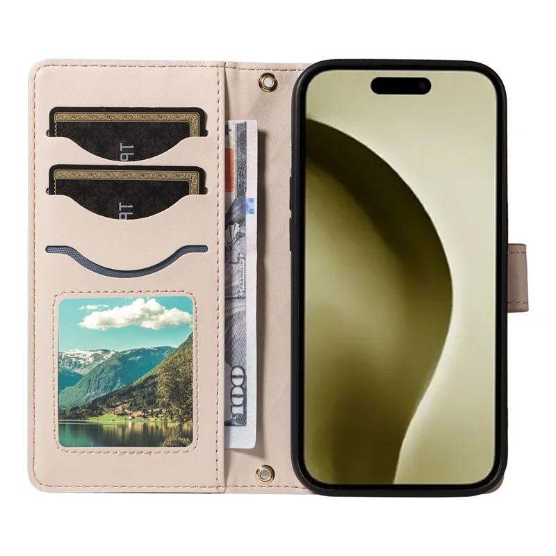 For iPhone 16 Pro Max Case Leather Rhombus Checkered Phone Cover with Detachable Lanyard Straps - Apricot