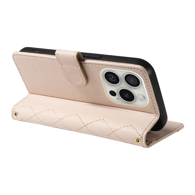 For iPhone 16 Pro Max Case Leather Rhombus Checkered Phone Cover with Detachable Lanyard Straps - Apricot