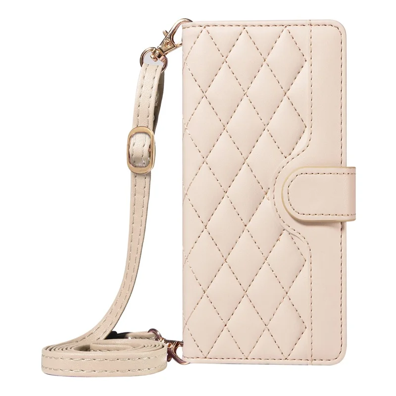 For iPhone 16 Pro Max Case Leather Rhombus Checkered Phone Cover with Detachable Lanyard Straps - Apricot