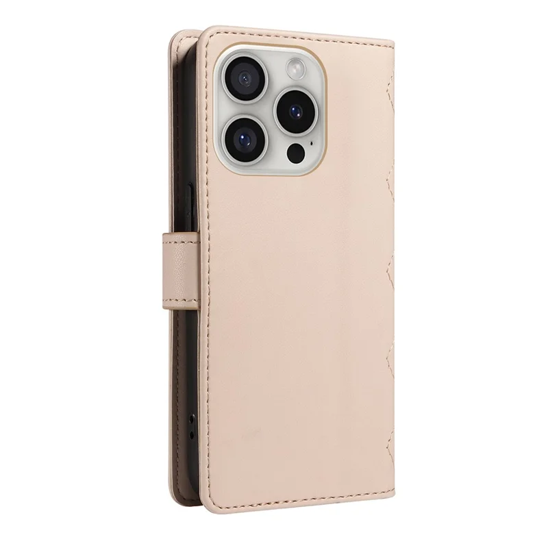 For iPhone 16 Pro Max Case Leather Rhombus Checkered Phone Cover with Detachable Lanyard Straps - Apricot