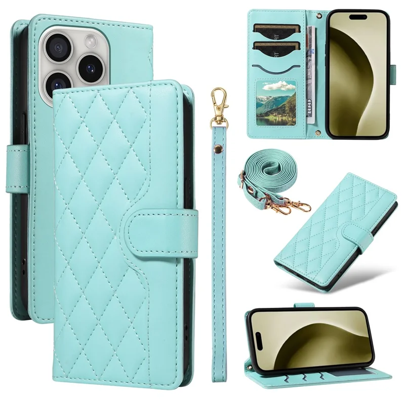For iPhone 16 Pro Max Case Leather Rhombus Checkered Phone Cover with Detachable Lanyard Straps - Green