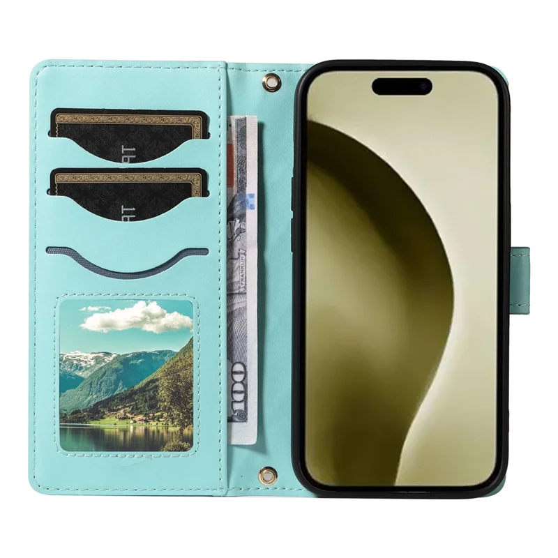 For iPhone 16 Pro Max Case Leather Rhombus Checkered Phone Cover with Detachable Lanyard Straps - Green