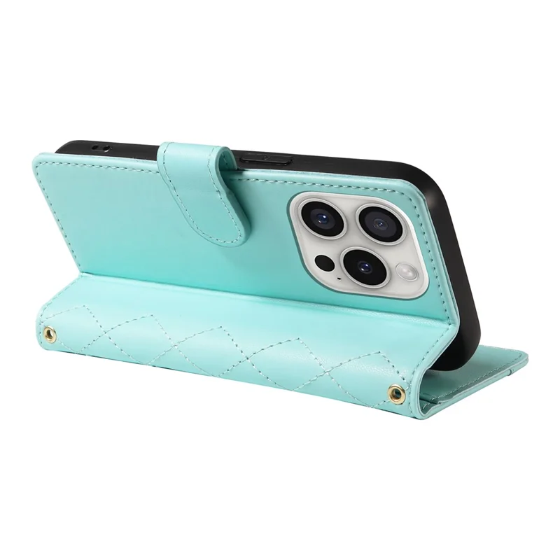 For iPhone 16 Pro Max Case Leather Rhombus Checkered Phone Cover with Detachable Lanyard Straps - Green