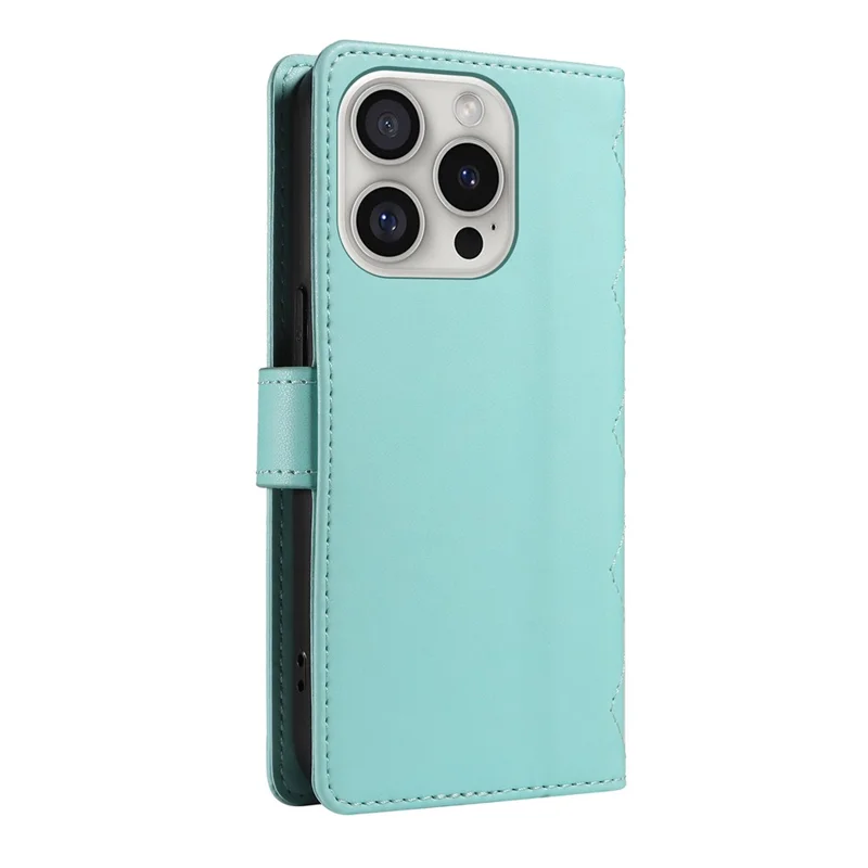 For iPhone 16 Pro Max Case Leather Rhombus Checkered Phone Cover with Detachable Lanyard Straps - Green