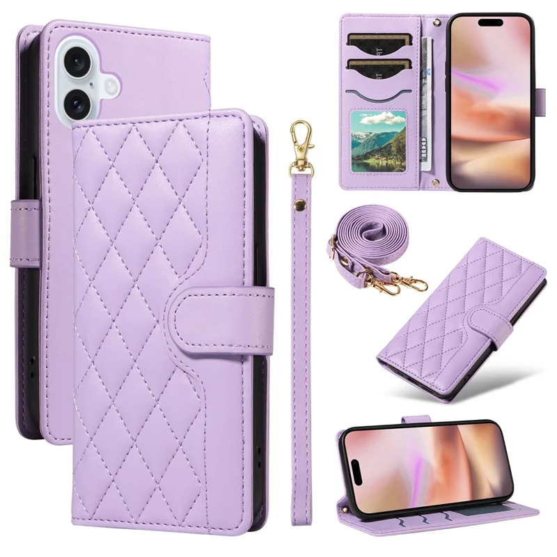 For iPhone 16 Plus Case Wallet Rhombus Leather Handbag Phone Cover with Shoulder Lanyard - Light Purple