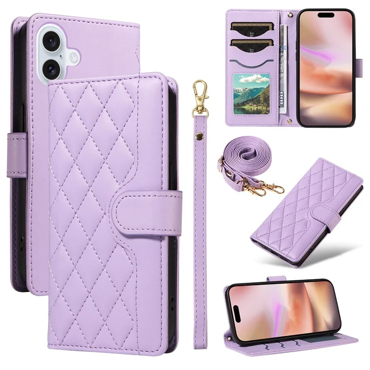 Para iPhone 16 Case Wallet Quilted Leather Phone Cover com Alça de Ombro, Alça de Pulso - Roxo Claro