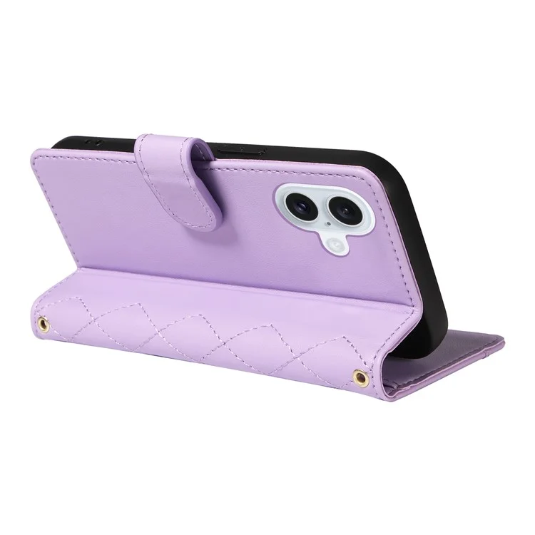 Para iPhone 16 Case Wallet Quilted Leather Phone Cover com Alça de Ombro, Alça de Pulso - Roxo Claro