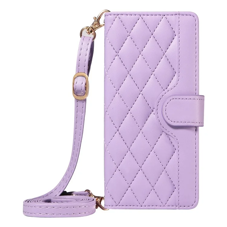 Para iPhone 16 Case Wallet Quilted Leather Phone Cover com Alça de Ombro, Alça de Pulso - Roxo Claro