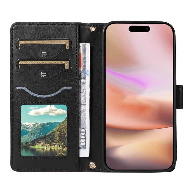 For iPhone 16 Case Wallet Quilted Leather Phone Cover with Shoulder Strap, Wrist Strap - Black