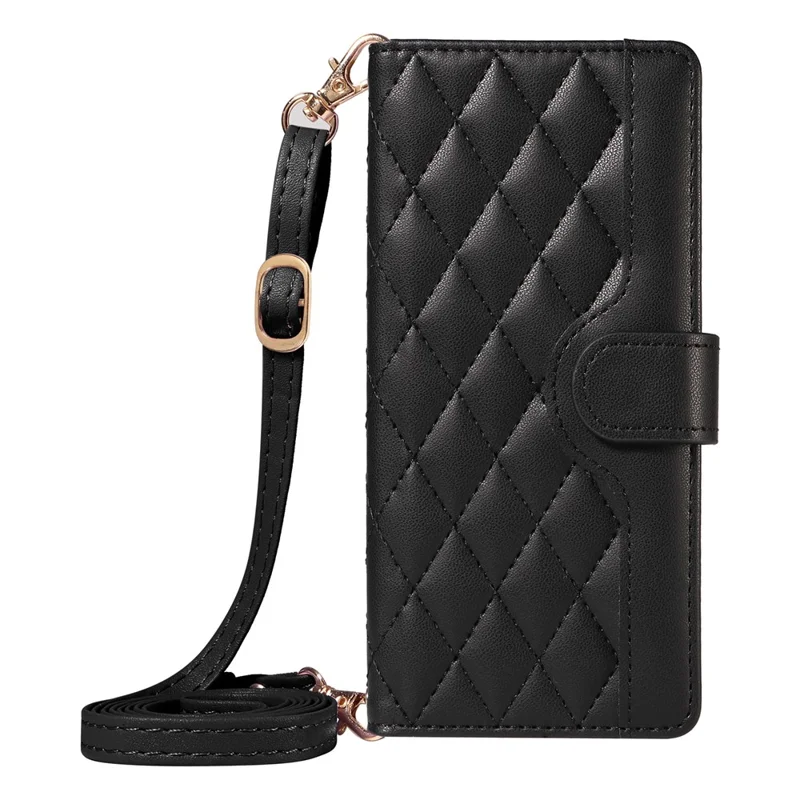 For iPhone 16 Case Wallet Quilted Leather Phone Cover with Shoulder Strap, Wrist Strap - Black