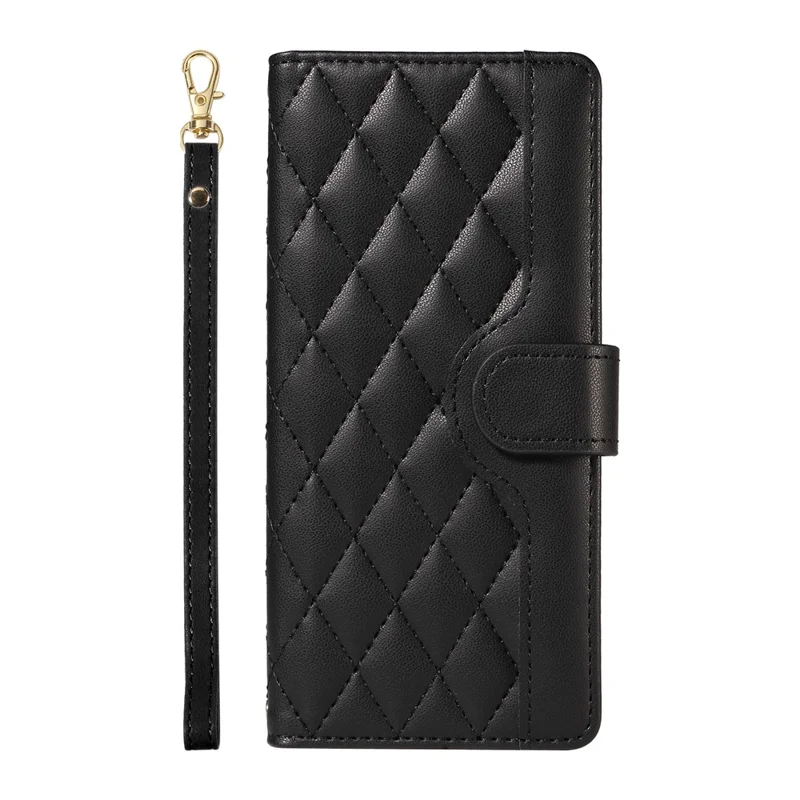 For iPhone 16 Case Wallet Quilted Leather Phone Cover with Shoulder Strap, Wrist Strap - Black