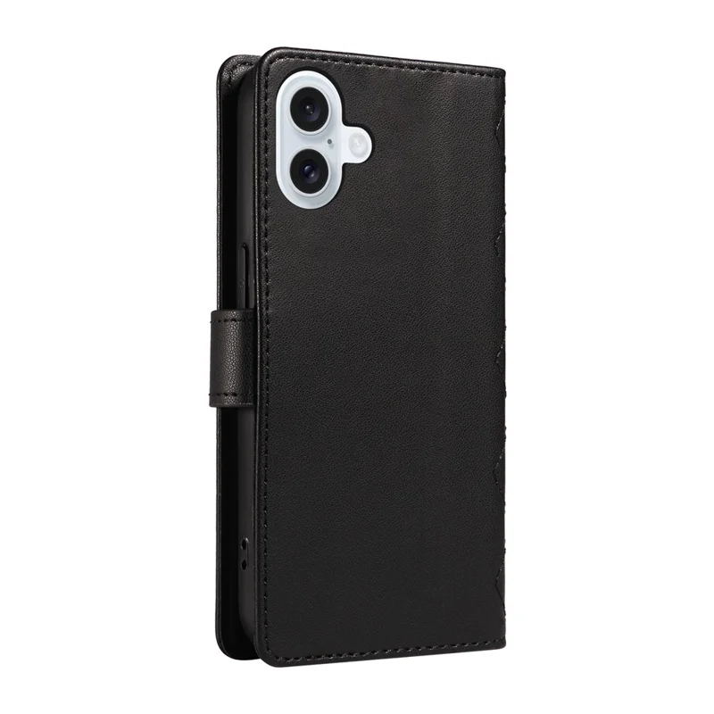 For iPhone 16 Case Wallet Quilted Leather Phone Cover with Shoulder Strap, Wrist Strap - Black