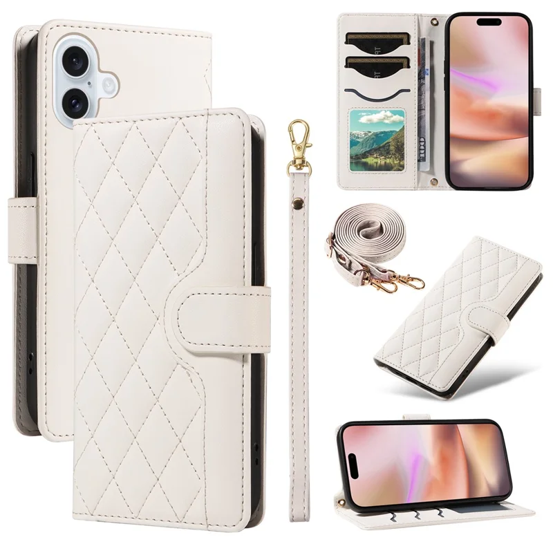 For iPhone 16 Case Wallet Quilted Leather Phone Cover with Shoulder Strap, Wrist Strap - White