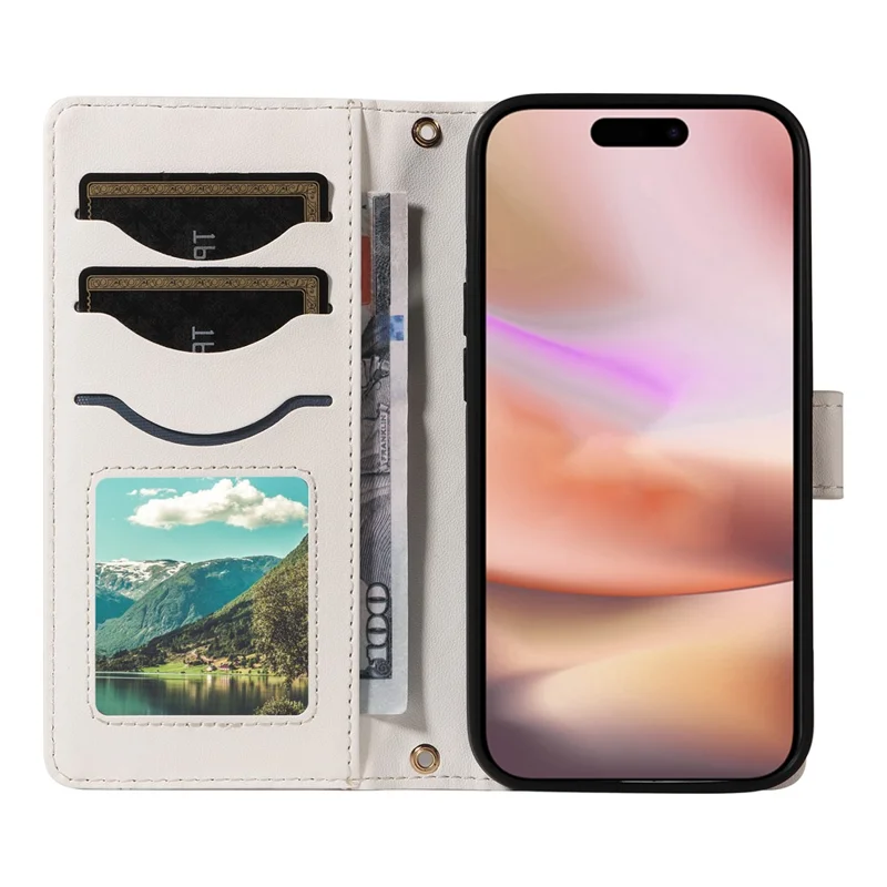 For iPhone 16 Case Wallet Quilted Leather Phone Cover with Shoulder Strap, Wrist Strap - White
