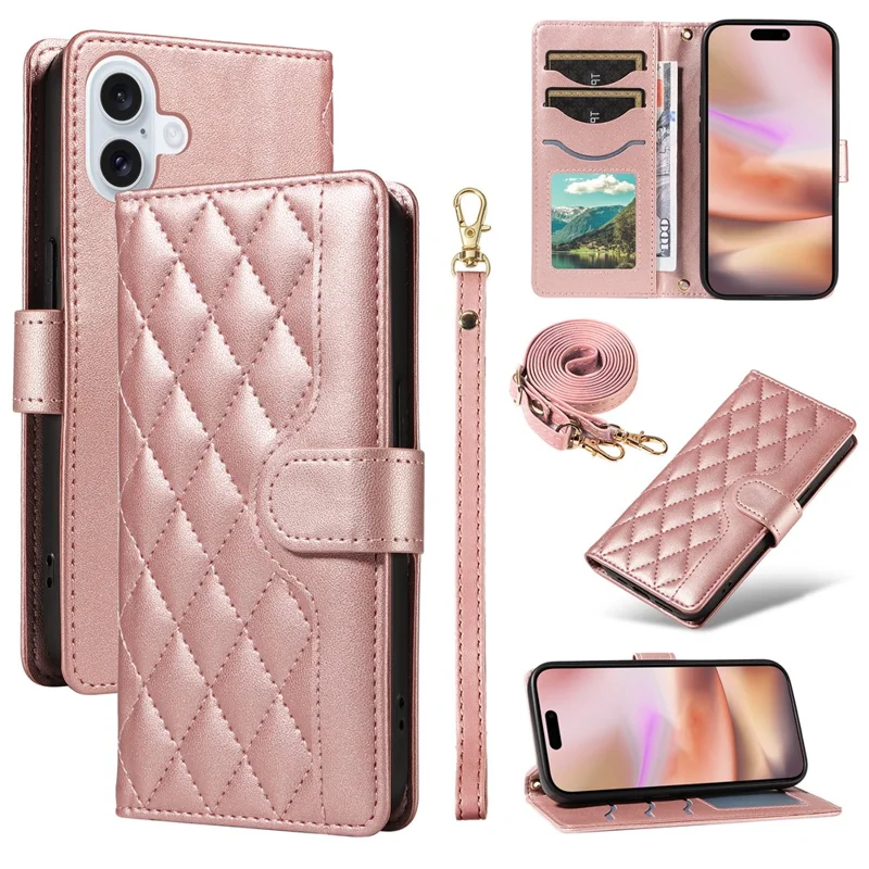 For iPhone 16 Case Wallet Quilted Leather Phone Cover with Shoulder Strap, Wrist Strap - Rose Gold