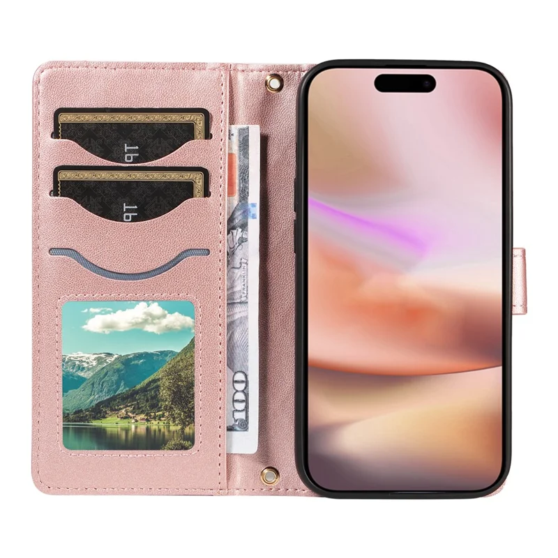 For iPhone 16 Case Wallet Quilted Leather Phone Cover with Shoulder Strap, Wrist Strap - Rose Gold