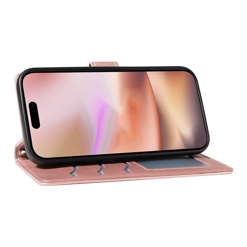 For iPhone 16 Case Wallet Quilted Leather Phone Cover with Shoulder Strap, Wrist Strap - Rose Gold