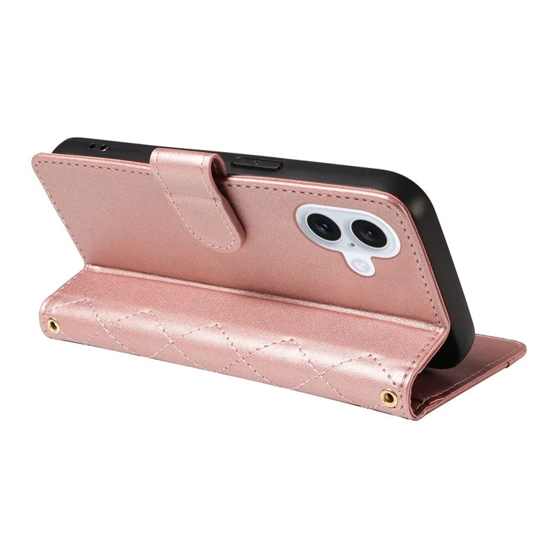 For iPhone 16 Case Wallet Quilted Leather Phone Cover with Shoulder Strap, Wrist Strap - Rose Gold