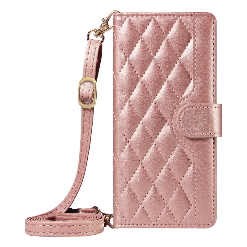For iPhone 16 Case Wallet Quilted Leather Phone Cover with Shoulder Strap, Wrist Strap - Rose Gold