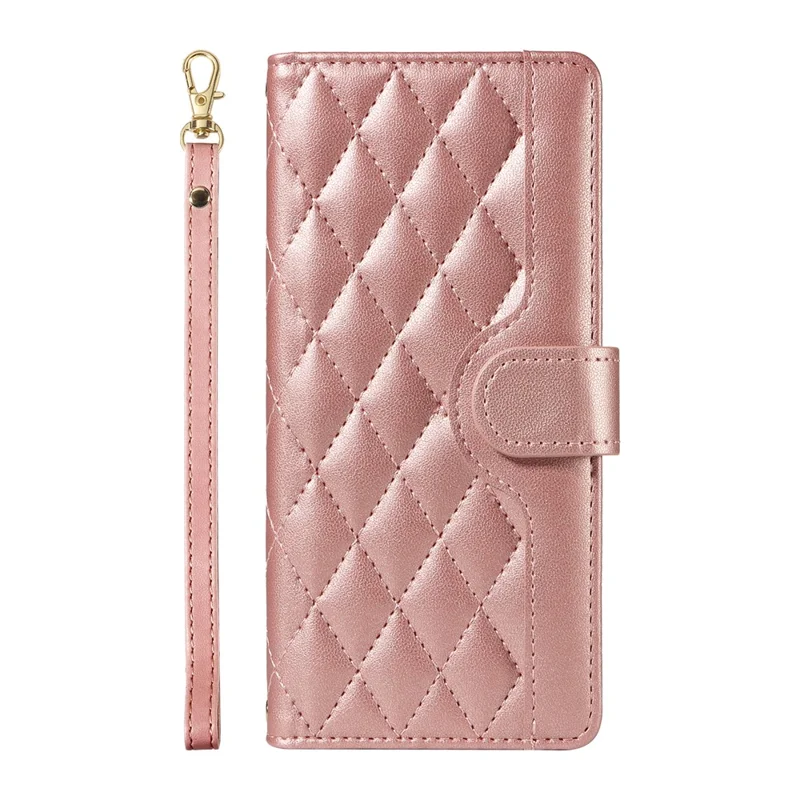 For iPhone 16 Case Wallet Quilted Leather Phone Cover with Shoulder Strap, Wrist Strap - Rose Gold