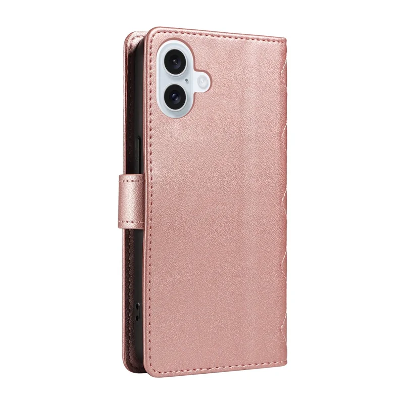 For iPhone 16 Case Wallet Quilted Leather Phone Cover with Shoulder Strap, Wrist Strap - Rose Gold
