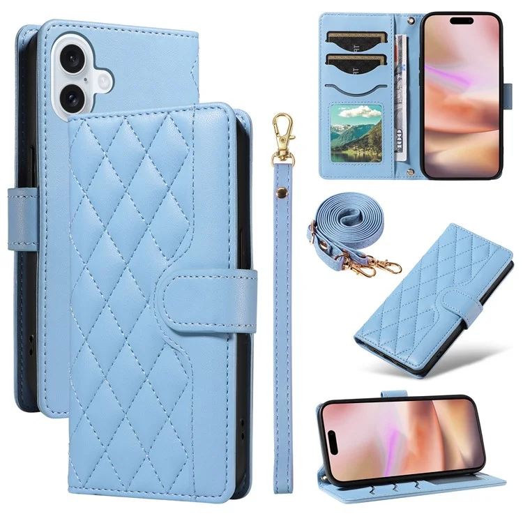 For iPhone 16 Case Wallet Quilted Leather Phone Cover with Shoulder Strap, Wrist Strap - Blue