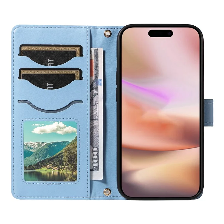 For iPhone 16 Case Wallet Quilted Leather Phone Cover with Shoulder Strap, Wrist Strap - Blue
