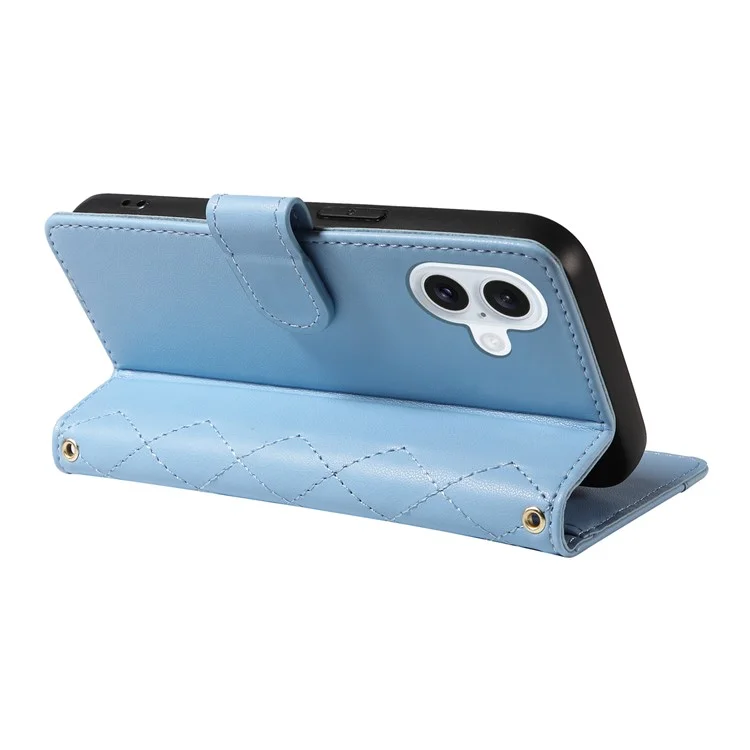 For iPhone 16 Case Wallet Quilted Leather Phone Cover with Shoulder Strap, Wrist Strap - Blue