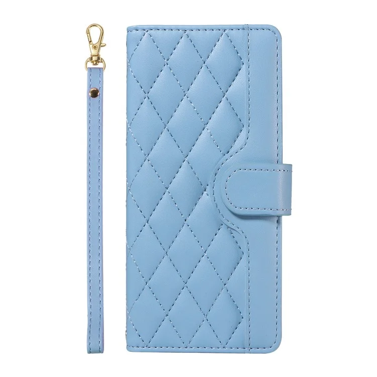 For iPhone 16 Case Wallet Quilted Leather Phone Cover with Shoulder Strap, Wrist Strap - Blue