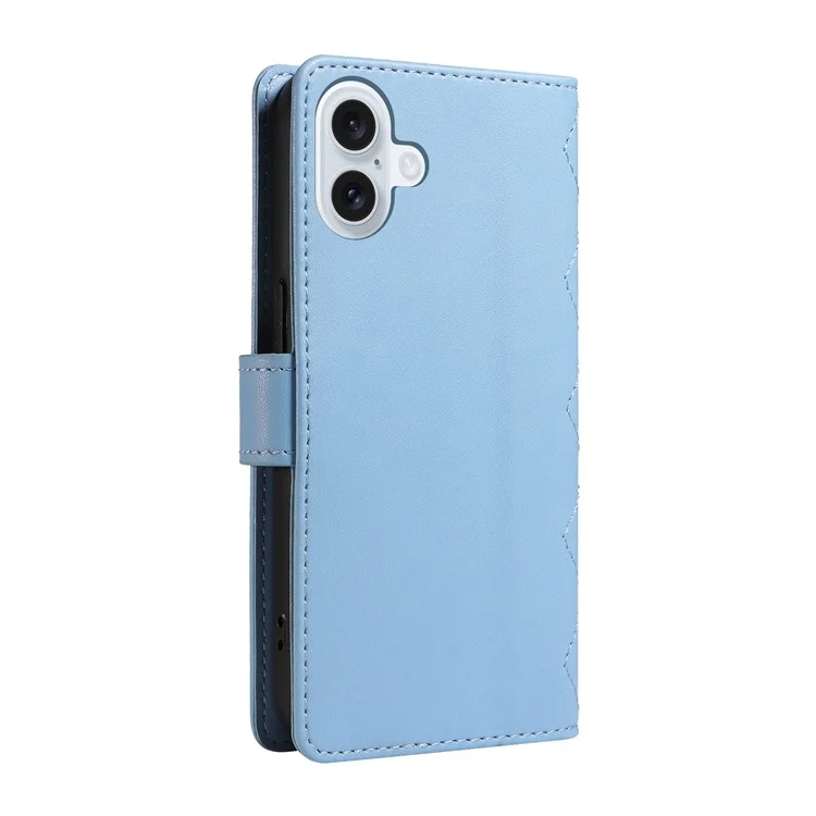 For iPhone 16 Case Wallet Quilted Leather Phone Cover with Shoulder Strap, Wrist Strap - Blue