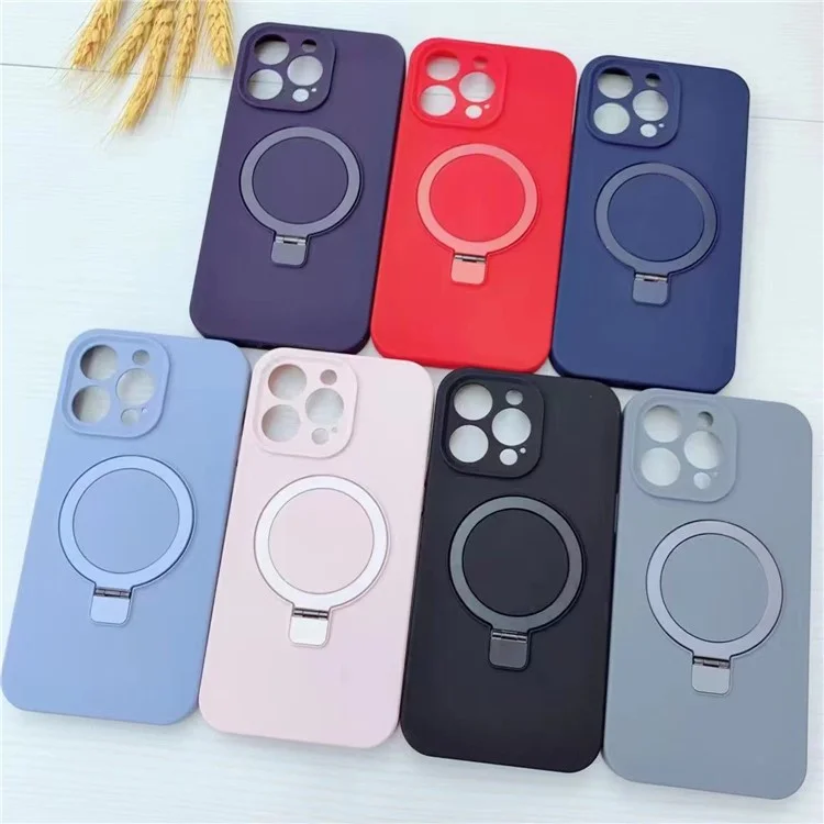For iPhone 13 Pro Max Case Magnetic Kickstand Flexible Liquid Silicone Phone Cover - Midnight Blue