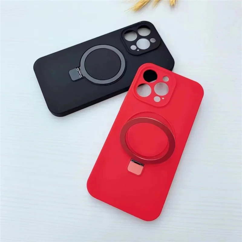 For iPhone 13 Pro Max Case Magnetic Kickstand Flexible Liquid Silicone Phone Cover - Red