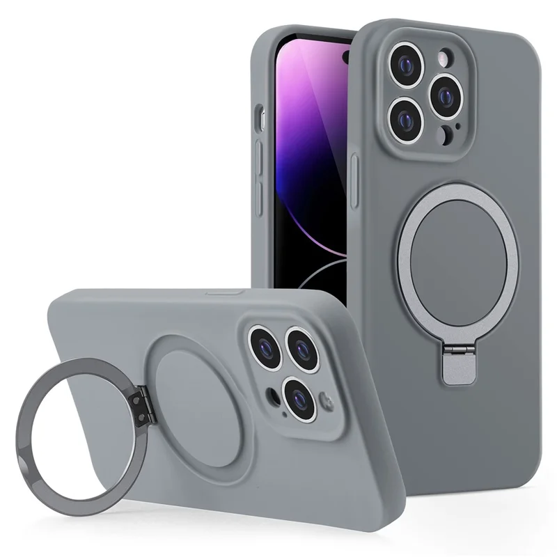Funda magnética invisible con soporte para iPhone 14 Pro Max Liquid Silicone Phone Cover Camera Protection - Gris