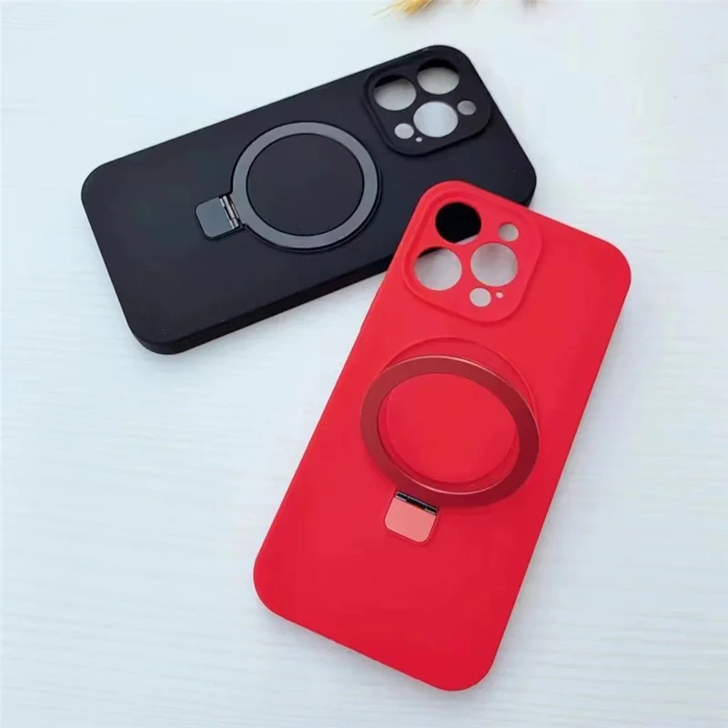 For iPhone 14 Pro Max Magnetic Case Invisible Kickstand Liquid Silicone Phone Cover Camera Protection - Pink