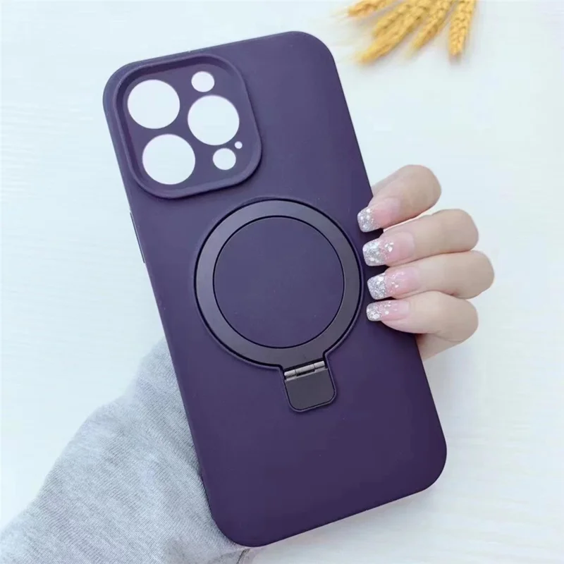 For iPhone 14 Pro Max Magnetic Case Invisible Kickstand Liquid Silicone Phone Cover Camera Protection - Pink