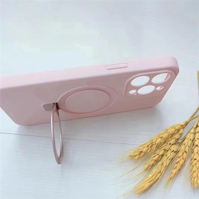 For iPhone 14 Pro Max Magnetic Case Invisible Kickstand Liquid Silicone Phone Cover Camera Protection - Pink
