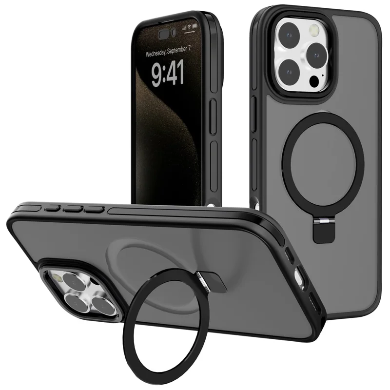 C1 Series For iPhone 14 Pro Max Case TPU+PC Anti-Scratch Phone Cover with Rotatable Magnetic Ring Kickstand - Black