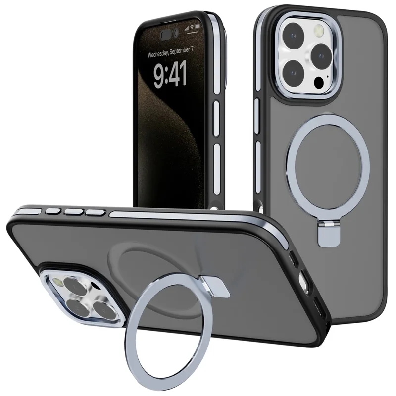 C1 Series For iPhone 15 Pro Case Rotatable Magnetic Ring Kickstand Drop-Proof TPU+PC Phone Cover - Grey